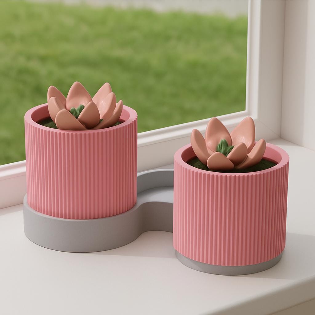 Ribbed Dual Plant Pot – view 3, 3D printed by RS-3D