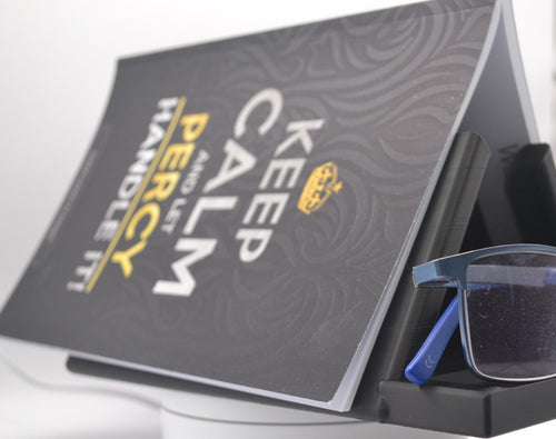 Book Stand & Glasses Holder with Page Holder and Book Spreader – view 2, 3D printed by RS-3D