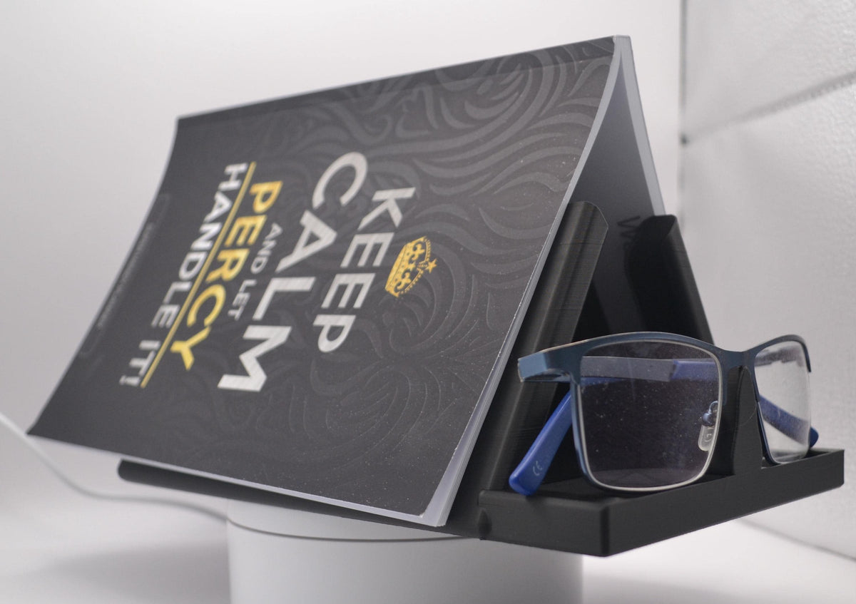 Book Stand & Glasses Holder with Page Holder and Book Spreader – view 3, 3D printed by RS-3D