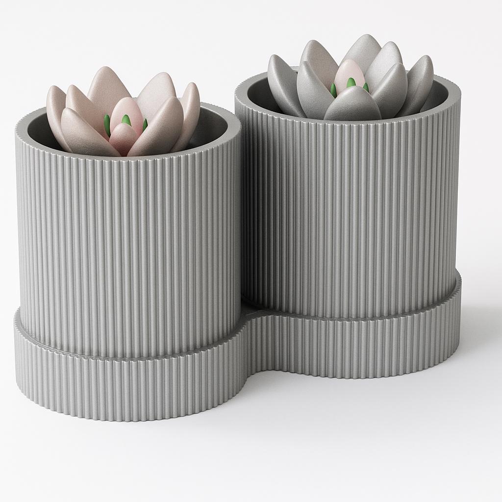 Ribbed Dual Plant Pot – view 4, 3D printed by RS-3D