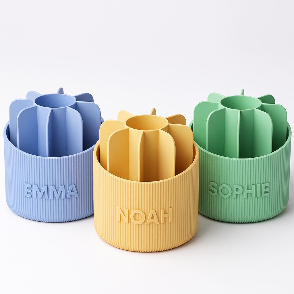 Personalised Rotating Pen Pot – view 3, 3D printed by RS-3D