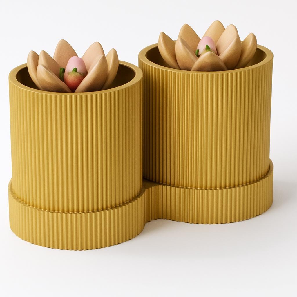 Ribbed Dual Plant Pot – view 2, 3D printed by RS-3D