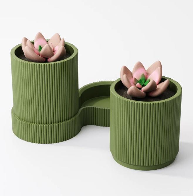 Ribbed Dual Plant Pot – view 6, 3D printed by RS-3D