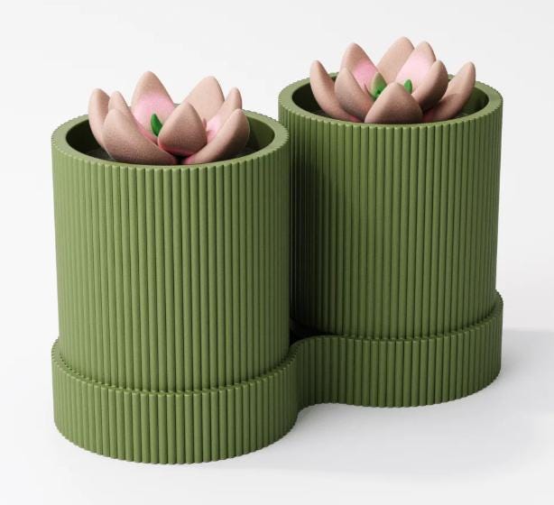 Ribbed Dual Plant Pot – view 7, 3D printed by RS-3D