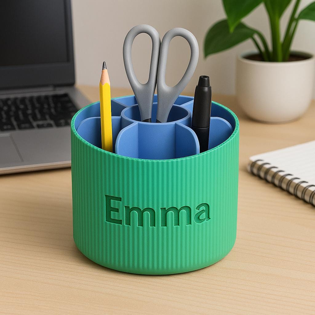 Personalised Rotating Pen Pot – view 2, 3D printed by RS-3D