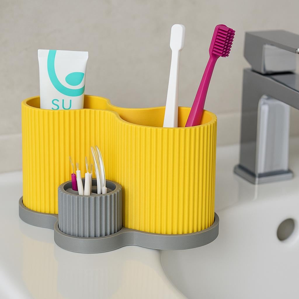 Modern Bathroom Organizer | Ribbed Toothbrush Toothpaste Holder | Desk & Makeup Storage | 3D Printed Minimalist Organizer