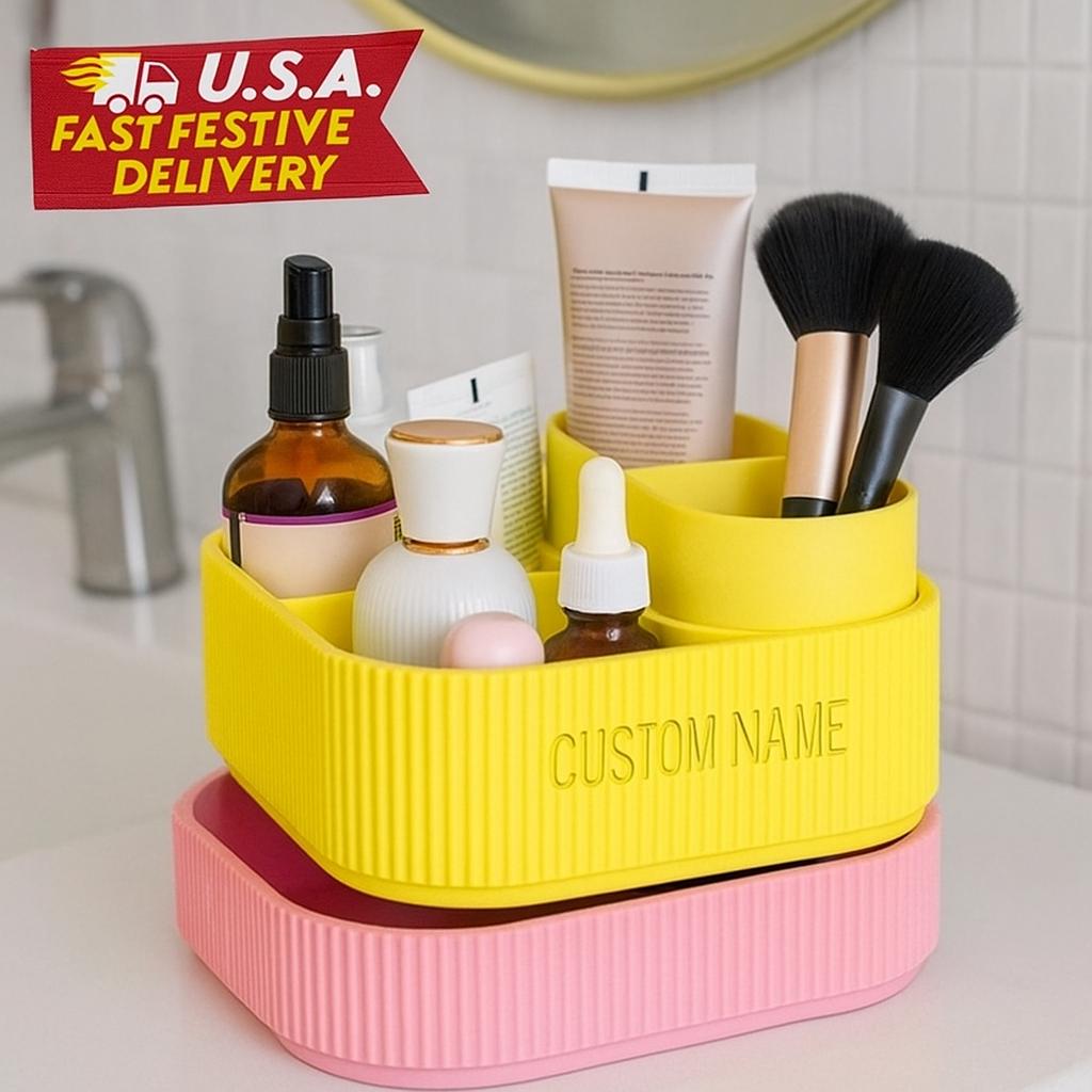 Modern Ribbed Vanity Organizer Two-Tier Makeup & Skincare Storage Tray Minimalist Desk or Bathroom Holder fall gift for her/him