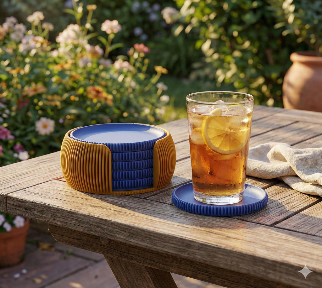 Modern Coaster Set with Holder Ribbed Design Mid-Century Modern Home Décor house warming gift fall Geometric Table Protection