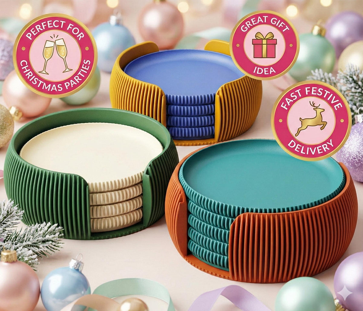 Modern Coaster Set with Holder Ribbed Design Mid-Century Modern Home Décor house warming gift fall Geometric Table Protection