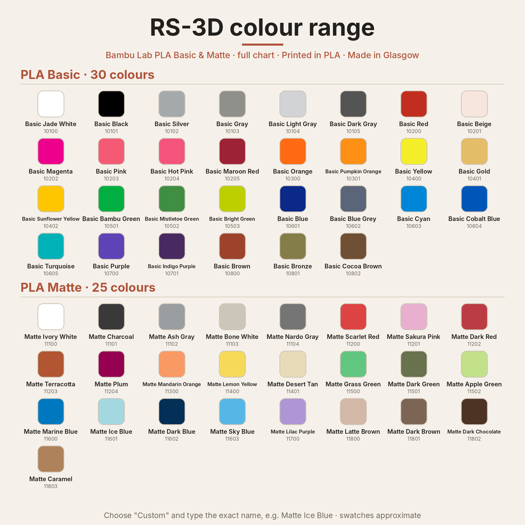 Bambu Lab PLA Basic and Matte full colour chart