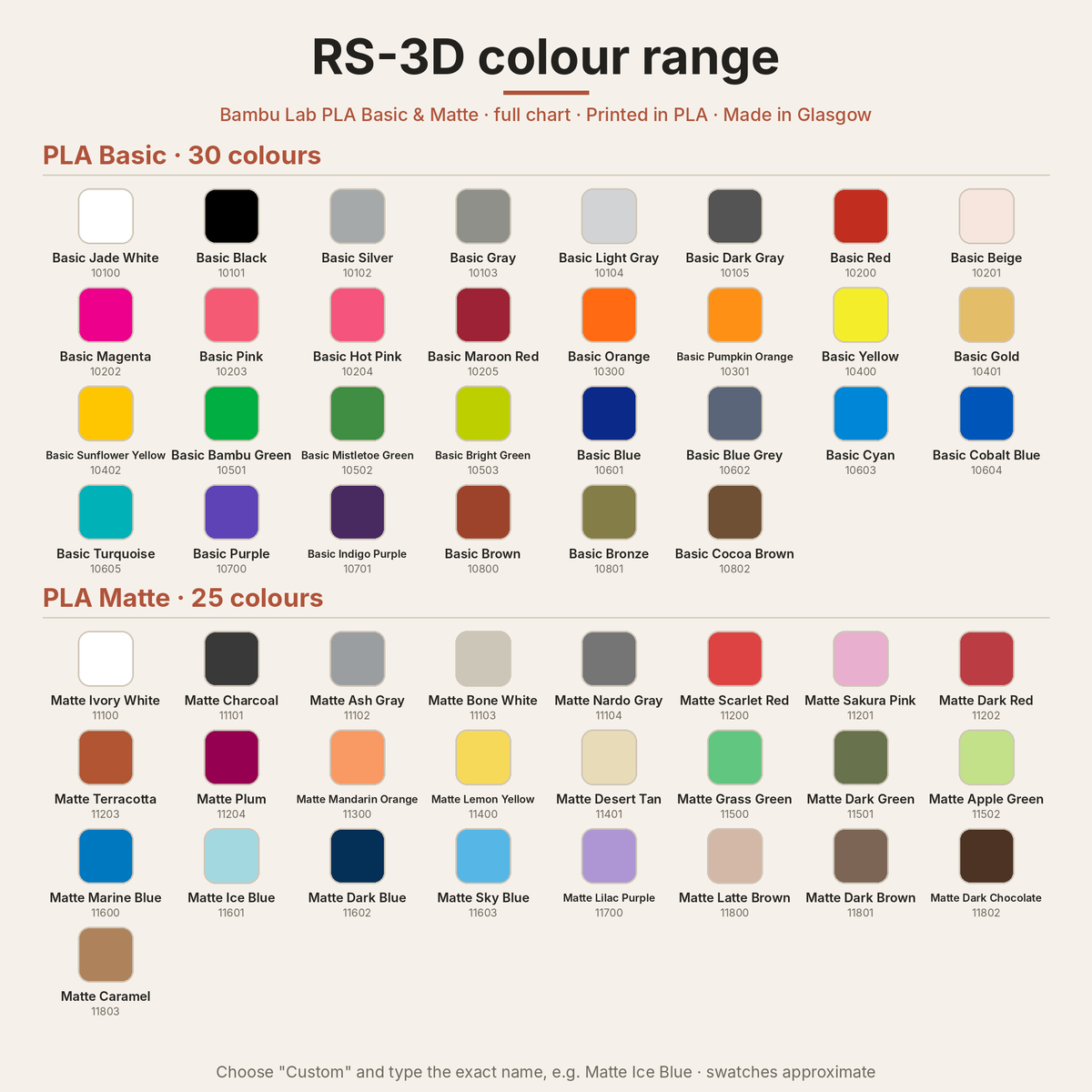 Bambu Lab PLA Basic and Matte full colour chart